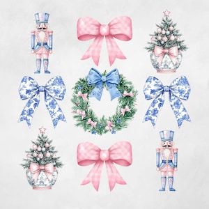 Guirlanda de Natal Azul Rosa Toile clipart PNG Preppy Coquette Bow Sublimação quebra-nozes chinoiserie árvore Clip Art trendy grandmillennial