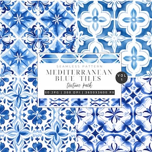 Blue Tile Digital Paper, Azulejo Portuguese Tile Patterns, Digital Backgrounds, Blue Scrapbook Paper Set, Mexican Tile Seamless Patterns