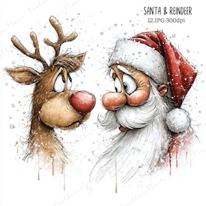 Puede incluir: Ilustración en acuarela de Papá Noel y un reno mirándose. Papá Noel lleva un gorro rojo y tiene una larga barba blanca. El reno tiene pelaje marrón y cuernos. La imagen incluye el texto "SANTA & REINDEER".