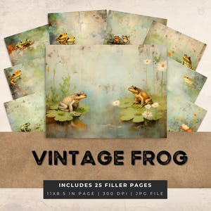 Vintage Frog Junk Journal Grunge Pages Acquerello Ninfee stagno Carta digitale Scrapbooking Stampabile Shabby Mixed Media Carta d'epoca