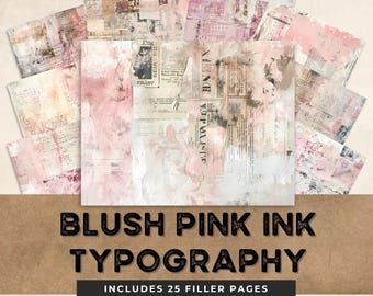 Blush Pink scrap Collage Junk Journal pages, Digital Paper Texture Grunge Sheets Scrapbooking Vintage Ephemera Shabby old typography ink