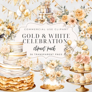36 Pacote de feliz aniversário em aquarela, cartões, convites, presentes, download instantâneo, pacote de clipart de aniversário em ouro e branco, boho, boho floral