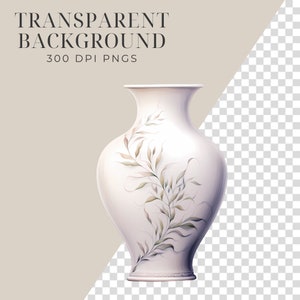 May include: White ceramic vase with a delicate floral design in shades of green and brown. The vase has a rounded body and a narrow neck.