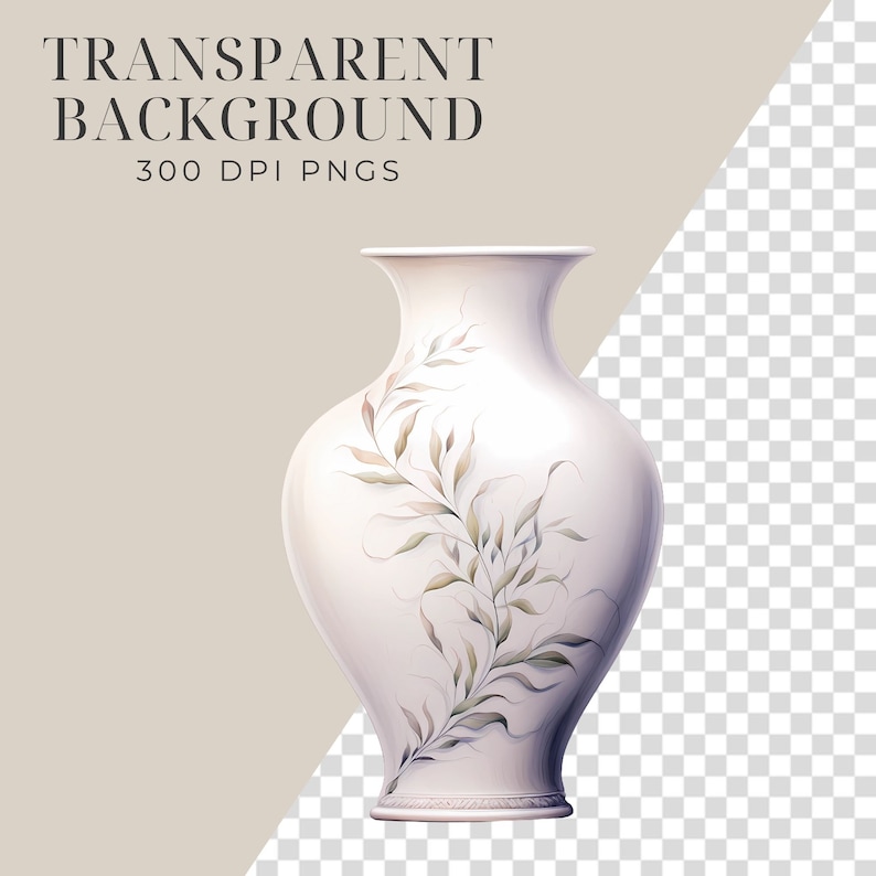 May include: White ceramic vase with a delicate floral design in shades of green and brown. The vase has a rounded body and a narrow neck.