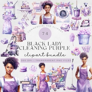 74 Housekeeping Black Lady Clipart Bundle |  Watercolor Cleaning Supplies | Spring Cleaning | Laundry | Cleaning Service | Purple Clean PNG