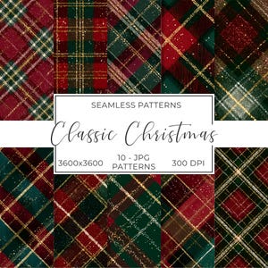 May include: A collection of seamless Christmas patterns in red, green, and gold plaid designs. The image includes the text "Seamless Patterns" and "Classic Christmas". The patterns are 3600x3600 pixels and 300 DPI.