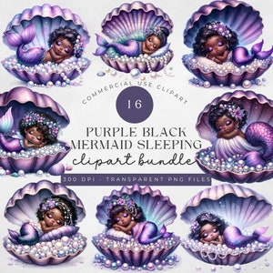 Pacchetto Clipart sirena, acquerello viola carina sirena afro png, simpatici animali marini PNG, sirena nera, png trasparente, grafica a 300 dpi