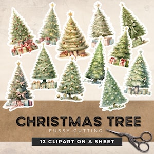 Fussy Cut Christmas Tree fussy cut sheet, Junk Journal Kit Ephemera, winter, Watercolor fussy cuting, printable stickers