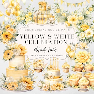 36 aquarel gelukkige verjaardag bundel, kaarten, uitnodigingen, geschenken, direct downloaden, geel witte verjaardag clipart pack, boho, boho bloemen