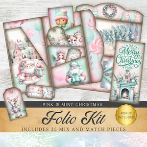 Pink Mint Christmas Folio Kit Junk Journal Printable DIY Trifold Pockets Tags Ephemera Digital Scrapbook Paper Holiday Craft Download Santa