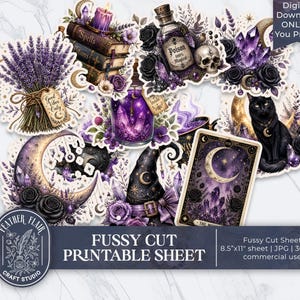 May include: A digital printable sheet featuring various gothic-themed stickers including a lavender bouquet, spell books, a poison bottle, a skull, purple crystals, a black cat, a crescent moon, and a tarot card with the text Digital Download ONLY.