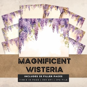 Acquerello Wisteria Floral Junk Journal pagina Cancelleria Stampabile Fiori Viola Bellissimo Giardino Carta Digitale Scrapbooking Creazione di Biglietti