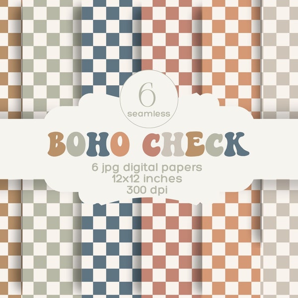 Boho Checker digital paper, aesthetic pattern background, earth tone check seamless pattern, Digital Scrapbook paper, paper pack, scrapbook