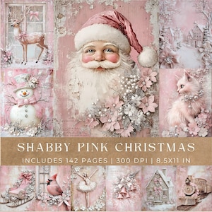 Pink Shabby Chic Weihnachten Junk Journal Kit: Weihnachtsmann, Schneemann (Digital Collage Sheet)