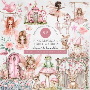 Clipart fata acquerello, Clipart fata magica, PNG vivaio fata rosa, giardino fatato, Clipart fungo, unicorno, farfalla, Clipart fiore