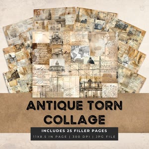 Pagine di diario di collage strappato antico, fogli di architettura shabby, carta digitale stampabile, scrapbooking, viaggi, vintage, effimeri e rovinati