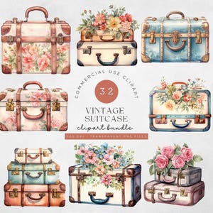 Pacote de clipart de mala de viagem vintage, aquarela PNG, bagagem vintage, bolsa de férias, scrapbooking de corte exigente, Junk Journal, floral