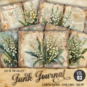 Kit de journal indésirable muguet, papiers journal indésirable muguet, 6 pages de journal numérique, éphémères imprimables shabby chic