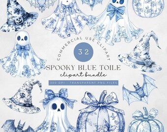 Floral Ghost Clipart: Blue Toile de Jouy Halloween Bundle (PNG)