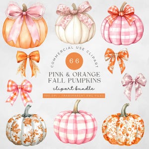 Watercolor Pumpkins And Bows Clipart bundle pink Coquette Pumpkins Fall Toile Pumpkin gingham pastel aesthetic orange cute autumn Halloween