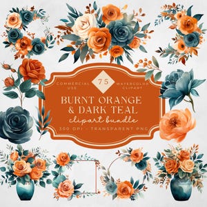 Bouquet de fleurs orange brûlé et sarcelle foncée Clipart bohème automne automne mariage cadre floral roses clip art botanique inviter couronne de vases bouquet