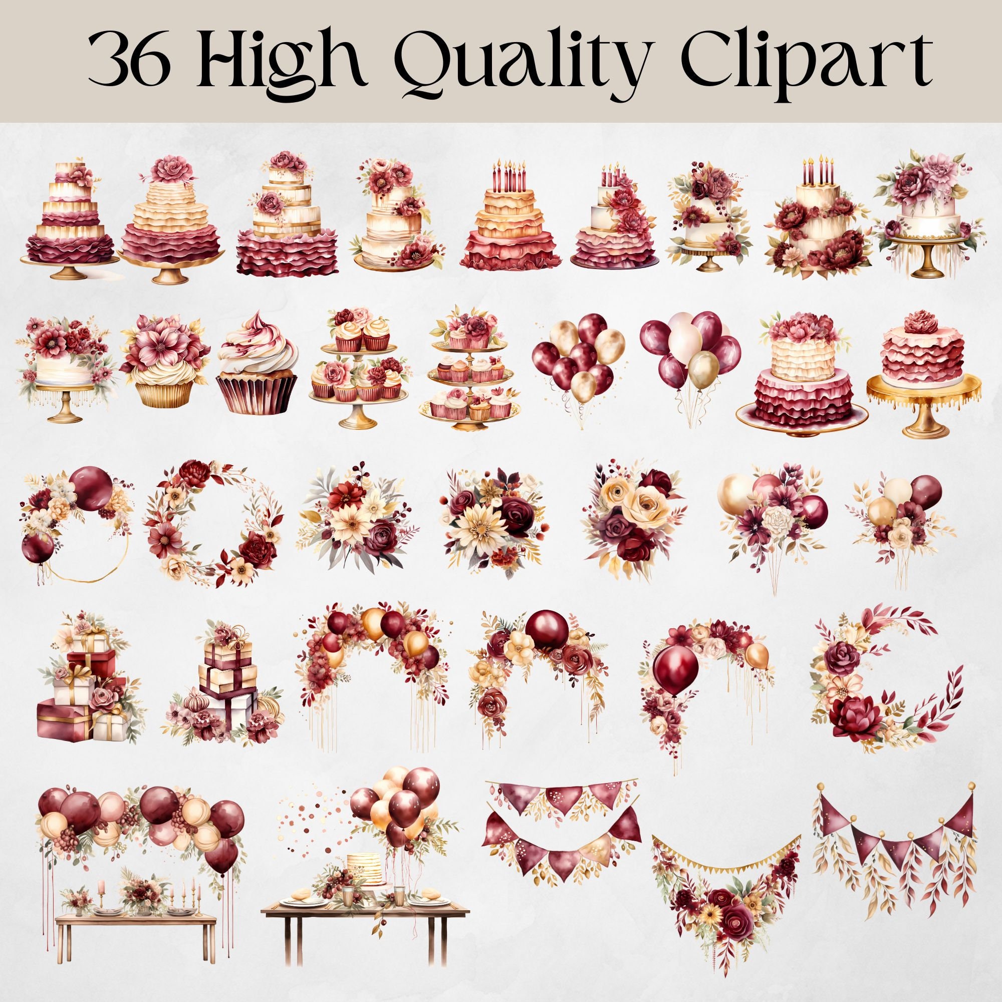 36 Watercolor Birthday Party Cake Present Balloons Clipart Bundle ...