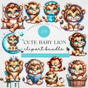 Lindo paquete de imágenes prediseñadas de Baby Lion Cub, arte de la pared de la guardería, fabricación de tarjetas, niño, príncipe, baby shower, animal safari, patrón sin costuras, león dulce