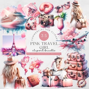 Clipart da viaggio per ragazze, clipart da viaggio rosa, clipart ragazza viaggiatore acquerello, PNG da viaggio femminile, clipart estivo, clipart da viaggio chic