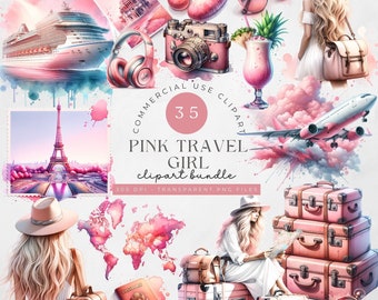 Clipart voyage girly : voyageur rose aquarelle PNG (téléchargement numérique)