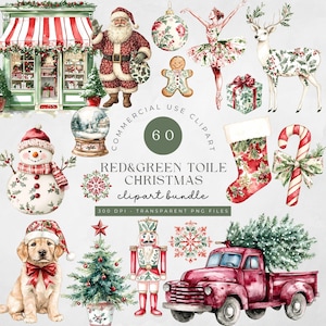 Chinoiserie Christmas Clipart bundle Toile Grandmillenial Xmas PNG Vintage Watercolor, czerwony zielony, święty mikołaj, bałwan, drzewo, sanie, kokardy