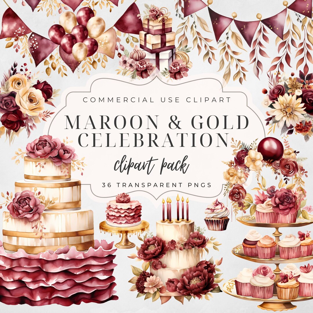 36 Watercolor Birthday Party Cake Present Balloons Clipart Bundle ...