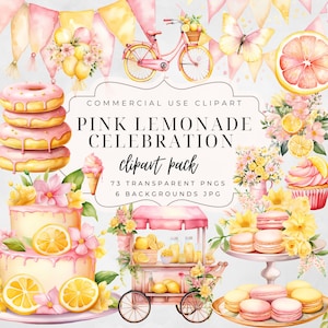 73 bundle clipart festa limonata rosa acquerello / compleanno limonata rosa / festa estiva / festa rosa-gialla / PNG / primo compleanno / limone