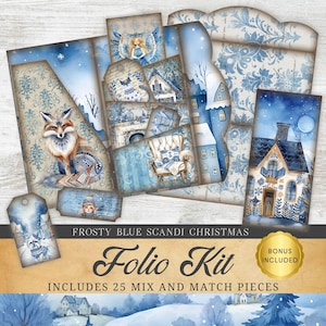 Kit folio de journal numérique pour les vacances d'hiver scandinaves, pochette à trois volets, étiquettes, coupes difficiles, thème des vacances bleu imprimable feuille JPG
