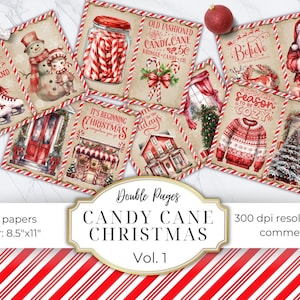 Kit de diário lixo de natal - papel de scrapbook digital de bastão de doces de hortelã-pimenta - coisas efêmeras imprimíveis para fazer cartões, artesanato de mídia mista