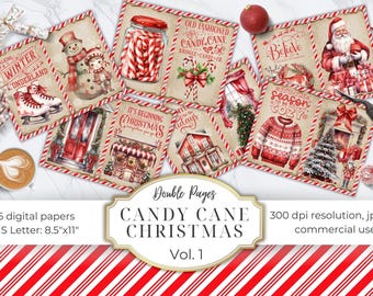 Christmas Junk Journal Kit - Peppermint Candy Cane Digital Scrapbook Paper - Printable Ephemera for Card Making, Mixed Media Crafts