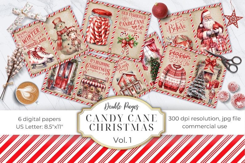 Christmas Junk Journal Kit Peppermint Candy Cane Digital Scrapbook