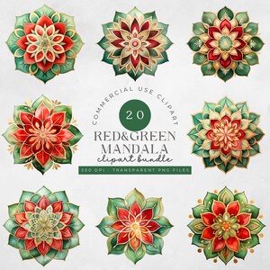 Pacchetto di clipart di mandala natalizie con acquerello, minimalista, trasparente, rosso, verde, oro, floreale, geometria sacra, clip art, ornamento, boho
