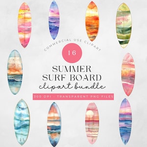 Watercolor Surfboard Clipart Beach Surfing Graphics Beach Clipart Summer Surfing Clipart Bundle | PNG Commercial Use Instant Download