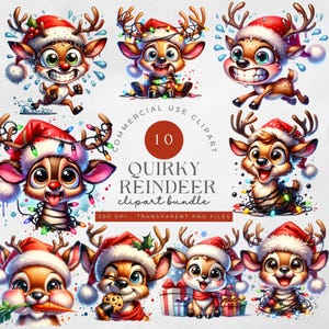 Bundle di clipart di renne stravaganti ad acquerello, PNG di Natale divertenti, renne carine, diario spazzatura, design a sublimazione, luce aggrovigliata, clip art