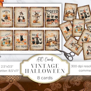Folha de colagem de citações de Halloween retrô, Halloween retrô, cartões de diário, imagem digital, cartões de scrapbook, cartões ATC para download para impressão, vintage