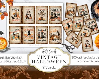 Collageblad retro Halloween-citaten, retro Halloween, dagboekkaarten, digitaal beeld, plakboekkaarten, ATC-kaarten afdrukbare download, vintage