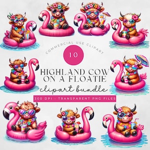 Highland Cow Pink Flamingo Floatie clipart bundel, PNG, Summer Vibes sublimatie design, digitale download, zomer clipart, zomervakantie