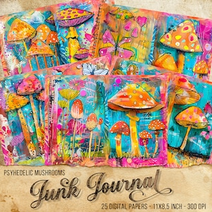 Journal psychédélique Mushroom Junk, album de scrapbooking numérique, rétro, hippie, page imprimable d'art, éphémère, champignon vénéneux groovy des années 70, techniques mixtes dynamiques