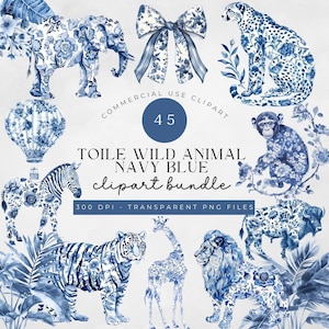 Safari toile clipartbundel blauw, babyshower toile de jouy-illustraties, aquarel chinoiserie jungledieren, wilde dieren png, dierenafbeelding
