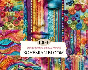 May include: A collection of digital papers featuring vibrant, multi-colored floral patterns, abstract wavy lines, and textured fabric-like designs. The image includes a central face motif, butterflies, and text reading 100+ JUNK JOURNAL DIGITAL PAPERS BOHEMIAN BLOOM.