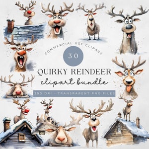 Bundle de cliparts originaux de visages de renne | 23 PNG transparents, Illustrations JPEG avec arrière-plan | Utilisation commerciale | Clipart Noël