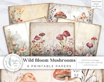 Vintage Mushroom Bifold Journal Pages, Printable Ephemera Kit, Woodland Grunge Papers, Forest Junk Journal, Digital Download