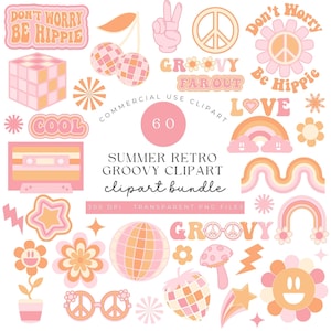 Pacote Summer Retro Groovy Clipart, margarida, paz, amor, não se preocupe, seja hippie, estrela, arco-íris, morango, cereja, bola de discoteca, cogumelo