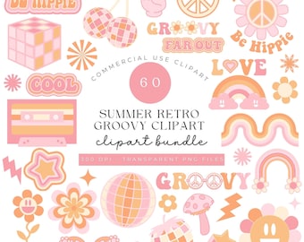 Retro Groovy Clipart Bundle: Daisy, Rainbow, Disco (PNG Files)