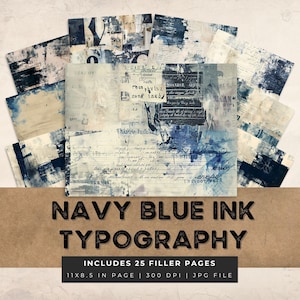 Marineblaue Tinte Typografie Collage Junk Journal Seite, Distressed Digital Papier Textur Grunge Sheets Scrapbooking Vintage Ephemera Shabby Chic